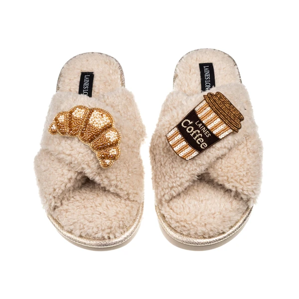 Laines London Laines Neutral Boucle Slippers With Coffee & Croissant Brooches