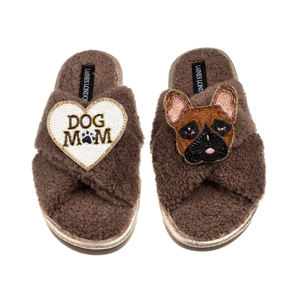 Laines London Laines Neutral Boucle Slippers With Cookie The Frenchie & Dog Mum / Mom