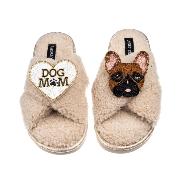 Laines London Laines Neutral Boucle Slippers With Cookie The Frenchie & Dog Mum / Mom