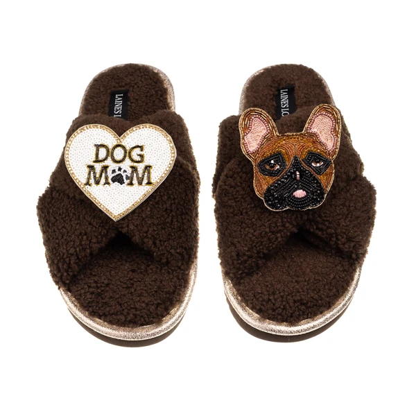 Laines London Laines Neutral Boucle Slippers With Cookie The Frenchie & Dog Mum / Mom