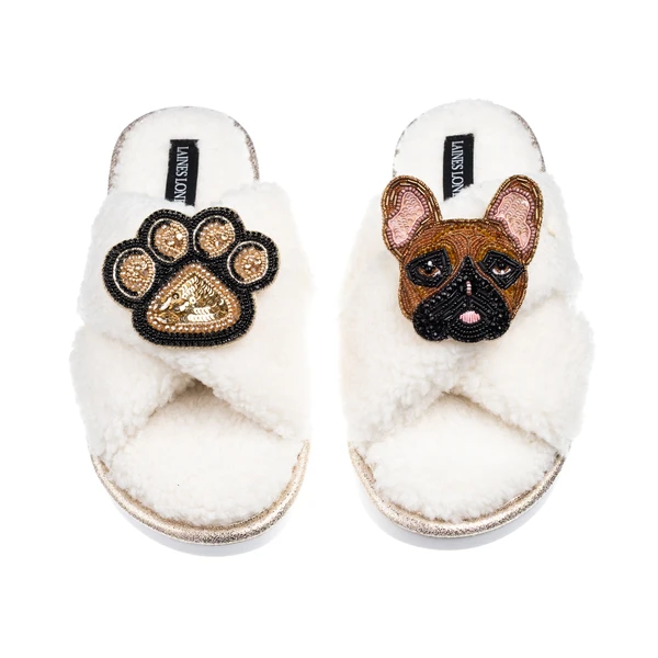 Laines London Laines Neutral Boucle Slippers With Cookie The Frenchie & Paw Brooches