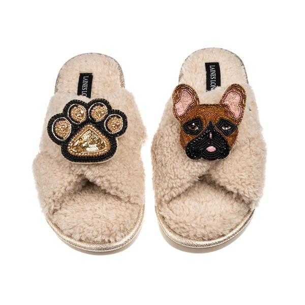 Laines London Laines Neutral Boucle Slippers With Cookie The Frenchie & Paw Brooches