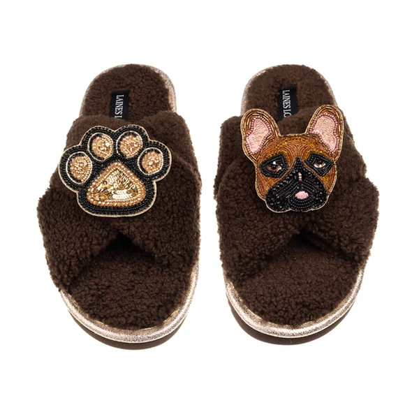 Laines London Laines Neutral Boucle Slippers With Cookie The Frenchie & Paw Brooches