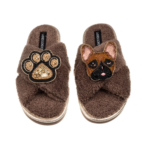 laines london Laines Neutral Boucle Slippers With Cookie The Frenchie & Paw Brooches