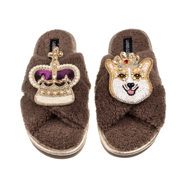 Laines London Laines Neutral Boucle Slippers With Corgi & Crown Brooches