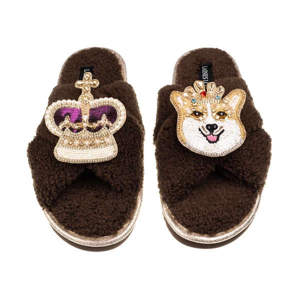 Laines London Laines Neutral Boucle Slippers With Corgi & Crown Brooches