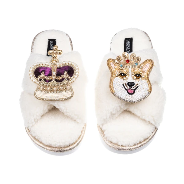 laines london Laines Neutral Boucle Slippers With Corgi & Crown Brooches