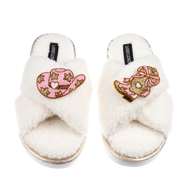 Laines London Laines Neutral Boucle Slippers With Cowgirl Hat & Cowgirl Boots Brooches