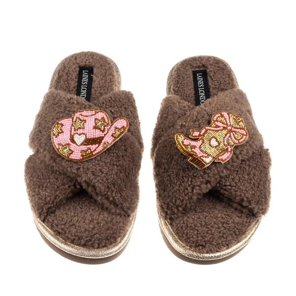 Laines London Laines Neutral Boucle Slippers With Cowgirl Hat & Cowgirl Boots Brooches