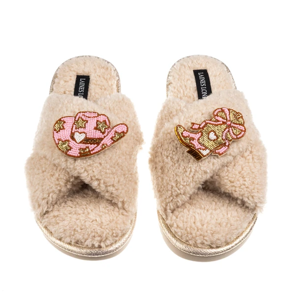 Laines London Laines Neutral Boucle Slippers With Cowgirl Hat & Cowgirl Boots Brooches