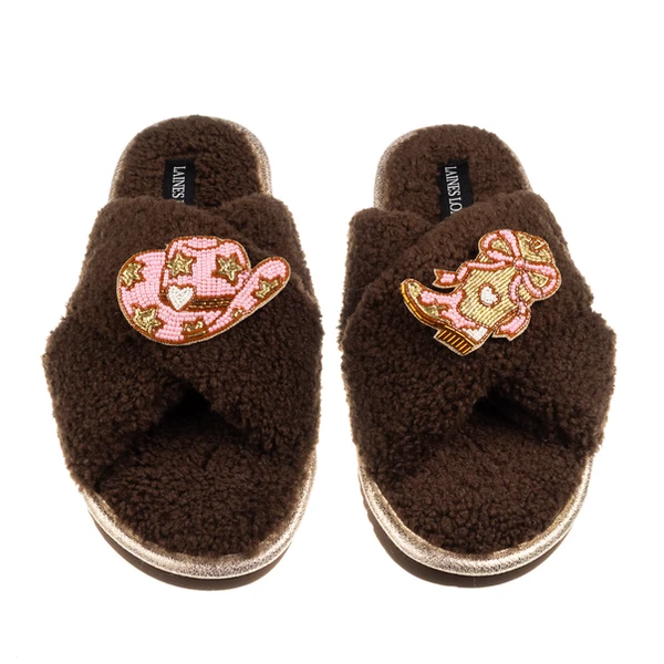 laines london Laines Neutral Boucle Slippers With Cowgirl Hat & Cowgirl Boots Brooches