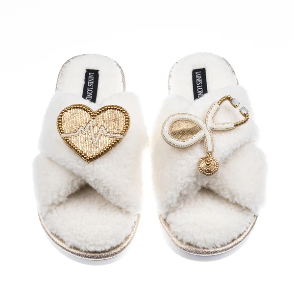 Laines London Laines Neutral Boucle Slippers With Doctor Brooches