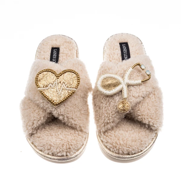 Laines London Laines Neutral Boucle Slippers With Doctor Brooches