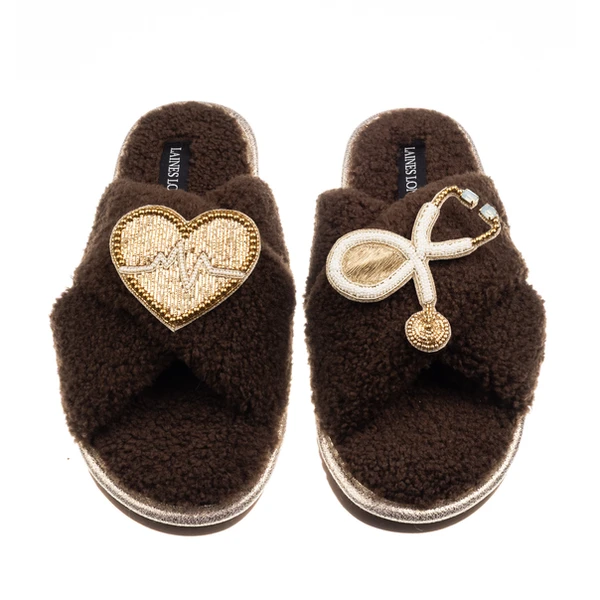 Laines London Laines Neutral Boucle Slippers With Doctor Brooches