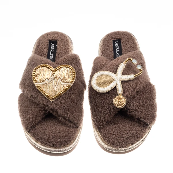 laines london Laines Neutral Boucle Slippers With Doctor Brooches