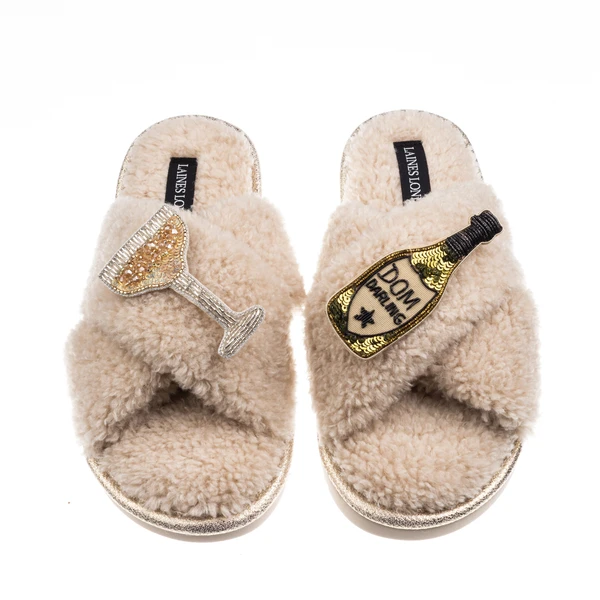 Laines London Laines Neutral Boucle Slippers With Dom Darling Champagne Brooches