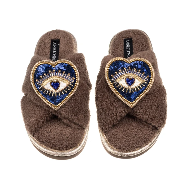 Laines London Laines Neutral Boucle Slippers With Double Heart Eye Brooches