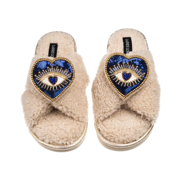 Laines London Laines Neutral Boucle Slippers With Double Heart Eye Brooches