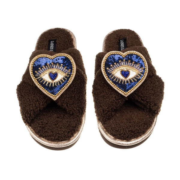 Laines London Laines Neutral Boucle Slippers With Double Heart Eye Brooches