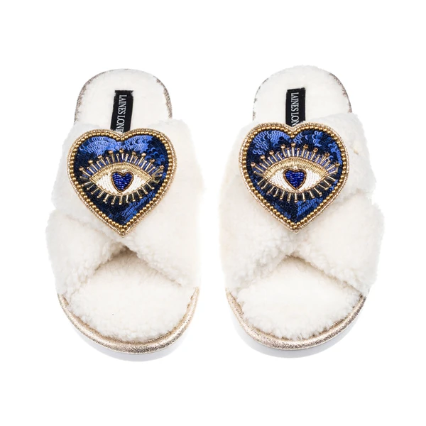 laines london Laines Neutral Boucle Slippers With Double Heart Eye Brooches