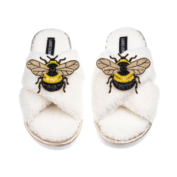 Laines London Laines Neutral Boucle Slippers With Double Honeybee Brooches