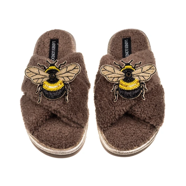 Laines London Laines Neutral Boucle Slippers With Double Honeybee Brooches