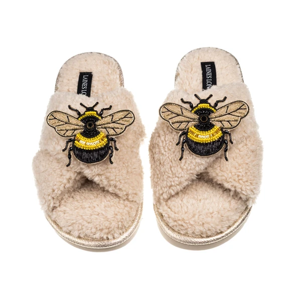 Laines London Laines Neutral Boucle Slippers With Double Honeybee Brooches