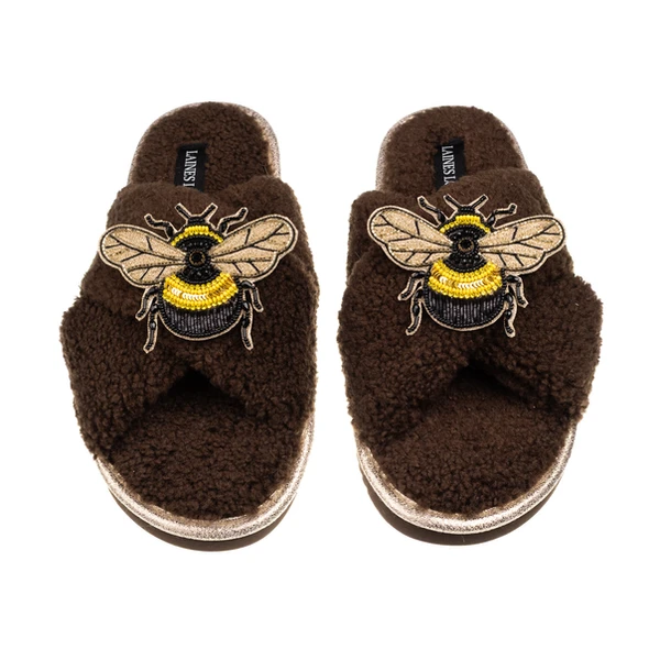 laines london Laines Neutral Boucle Slippers With Double Honeybee Brooches laines london Laines Neutral Boucle Slippers With Double Honeybee Brooches