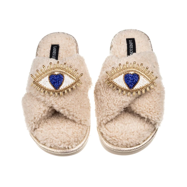 Laines London Laines Neutral Boucle Slippers With Double Love Eye Brooches