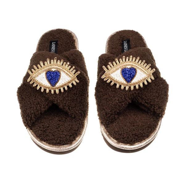 Laines London Laines Neutral Boucle Slippers With Double Love Eye Brooches