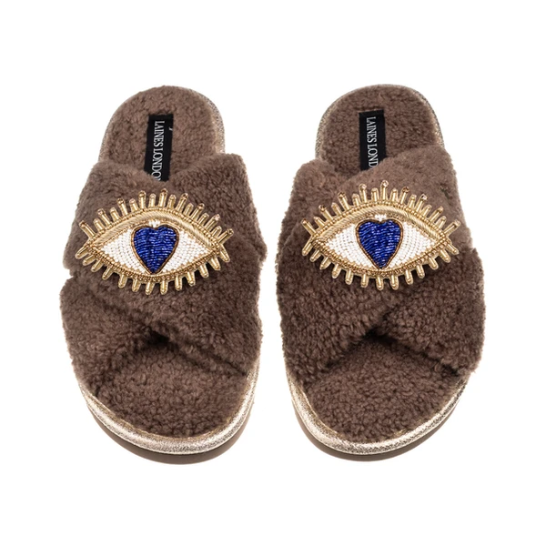 laines london Laines Neutral Boucle Slippers With Double Love Eye Brooches