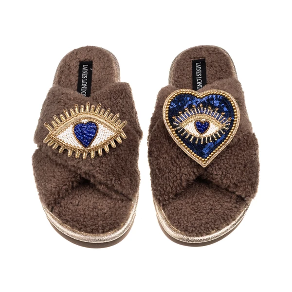 Laines London Laines Neutral Boucle Slippers With Double Love & Heart Eye Brooches
