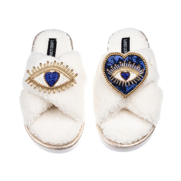Laines London Laines Neutral Boucle Slippers With Double Love & Heart Eye Brooches