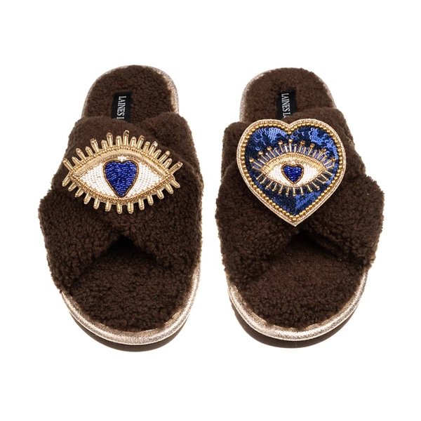 Laines London Laines Neutral Boucle Slippers With Double Love & Heart Eye Brooches