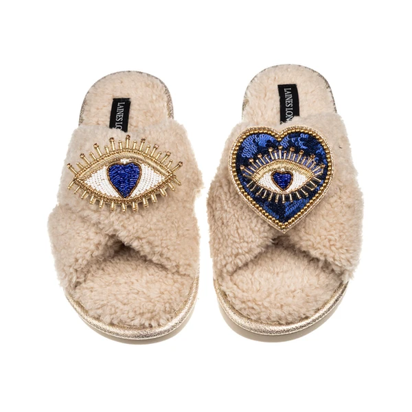 laines london Laines Neutral Boucle Slippers With Double Love & Heart Eye Brooches