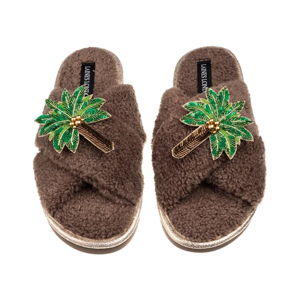 Laines London Laines Neutral Boucle Slippers With Double Palm Tree Brooches