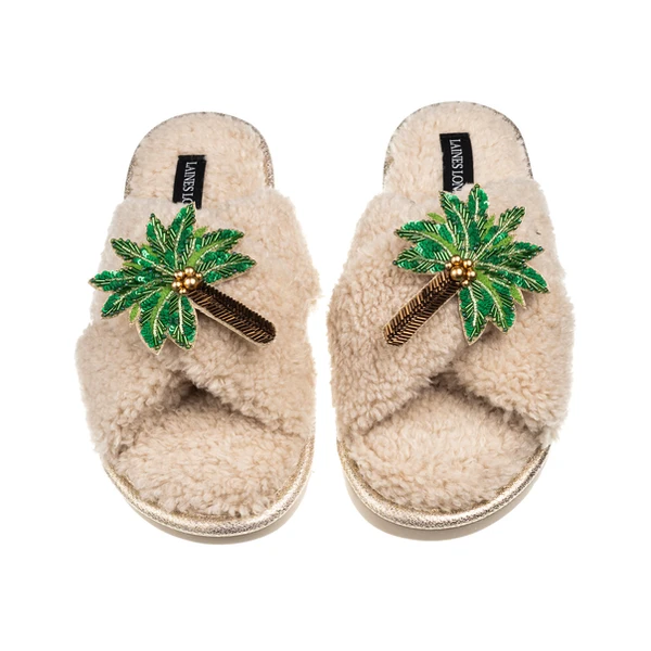 Laines London Laines Neutral Boucle Slippers With Double Palm Tree Brooches