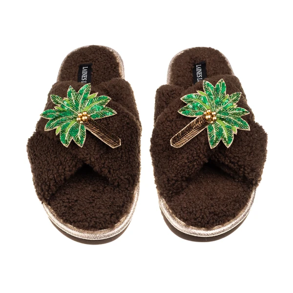 Laines London Laines Neutral Boucle Slippers With Double Palm Tree Brooches