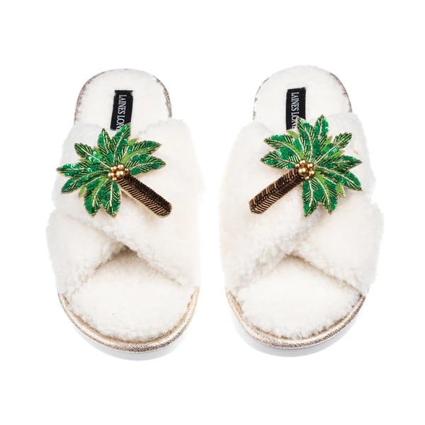 laines london Laines Neutral Boucle Slippers With Double Palm Tree Brooches