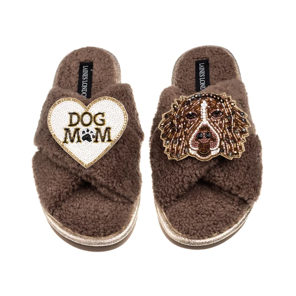 Laines London Laines Neutral Boucle Slippers With Duke The Spaniel & Dog Mum /Mom Brooches