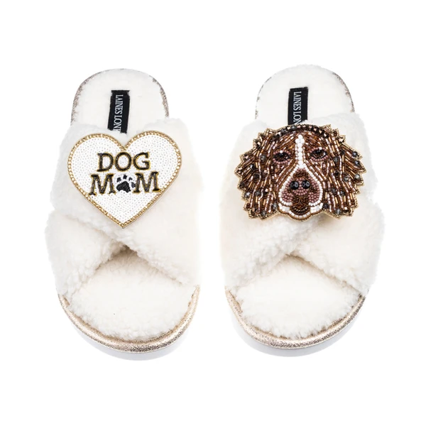 Laines London Laines Neutral Boucle Slippers With Duke The Spaniel & Dog Mum /Mom Brooches