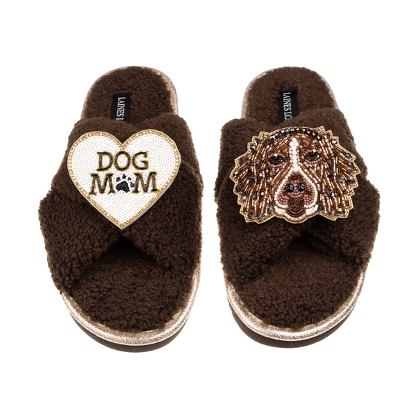 Laines London Laines Neutral Boucle Slippers With Duke The Spaniel & Dog Mum /Mom Brooches