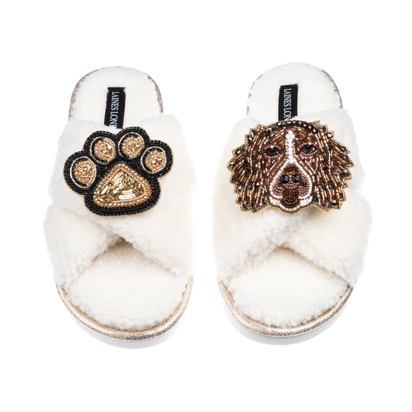 Laines London Laines Neutral Boucle Slippers With Duke The Spaniel & Paw Brooches