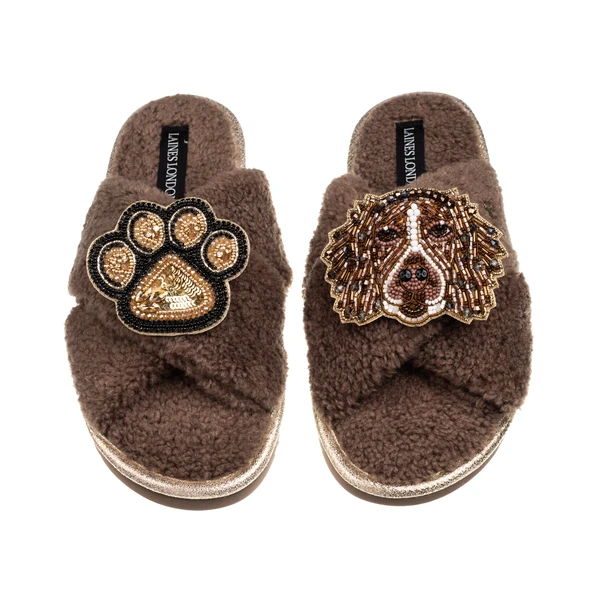 Laines London Laines Neutral Boucle Slippers With Duke The Spaniel & Paw Brooches