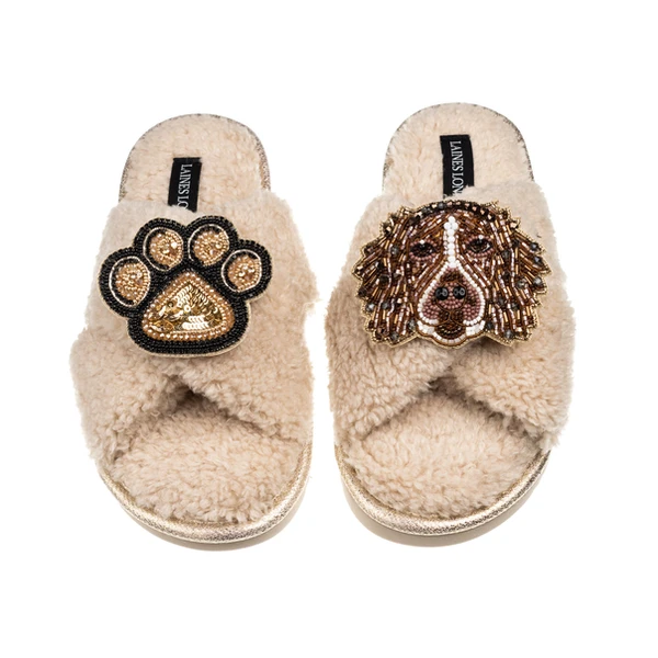 Laines London Laines Neutral Boucle Slippers With Duke The Spaniel & Paw Brooches