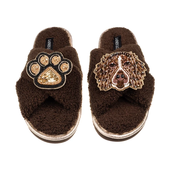 laines london Laines Neutral Boucle Slippers With Duke The Spaniel & Paw Brooches