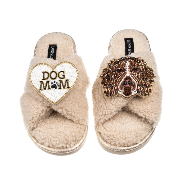 laines london Laines Neutral Boucle Slippers With Duke The Spaniel & Dog Mum /Mom Brooches