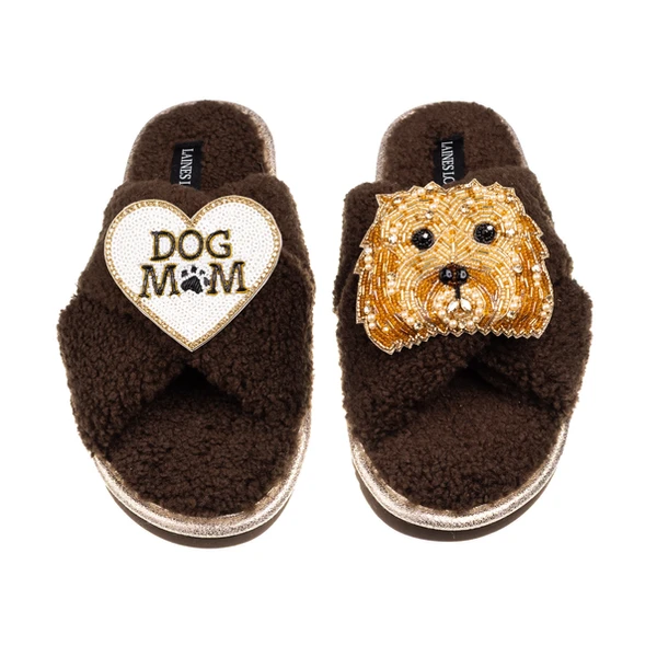 Laines London Laines Neutral Boucle Slippers With Enki-Doo The Cockapoo & Dog Mum/Mom Brooches