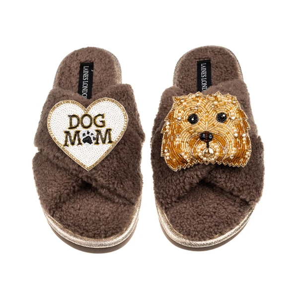 Laines London Laines Neutral Boucle Slippers With Enki-Doo The Cockapoo & Dog Mum/Mom Brooches