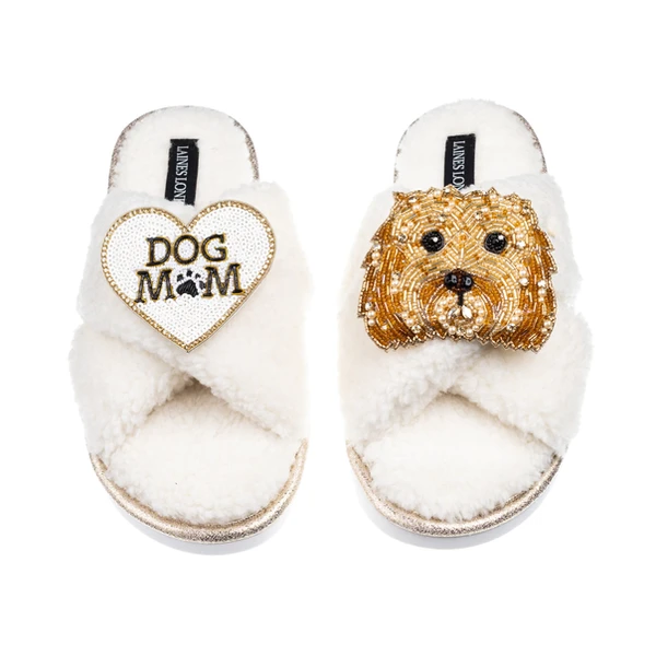 Laines London Laines Neutral Boucle Slippers With Enki-Doo The Cockapoo & Dog Mum/Mom Brooches